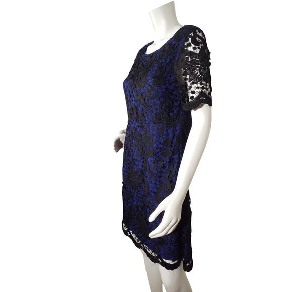 Evette & K Womens Size Large Blue Black Floral Lace Overlay Short Sleeve - Picture 3 of 7